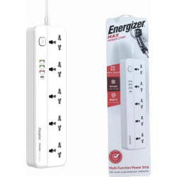 Energizer Max Power Strip 10A with Smart overload protection surge 5Output and 3 ports QC18w USB A And PD20w/2500w White Energizer Max Power Strip 10A with Smart overload protection surge 5Output and 3 ports QC18w USB A And PD20w/2500w White