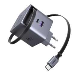 UGREEN 65W GaN Fast Charger with Retractable USB-C Cable, 2x USB-C + 1x USB-A - Grey | 65825 UGREEN 65W GaN Fast Charger with Retractable USB-C Cable, 2x USB-C + 1x USB-A - Grey | 65825