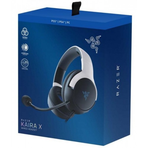 Razer Kaira X Wired Headset for Playstation 5, PC, Mac & Mobile Devices - Triforce 50mm Drivers, HyperClear Cardioid Mic, Flowknit Memory Foam Ear Cushions, On-Headset Controls - White/Black