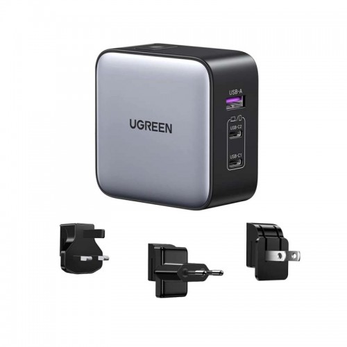 UGREEN Nexode GaN 65W USB C Charger International Travel Charger Plug 3-Port Fast Wall Charger Head, US/UK/EU Plug Laptop Charger Compatible for MacBook, HP, Dell,Lenovo,iPhone,iPad,Galaxy, Switch,etc  -  Model:CD296 (90409) (Open sealed )