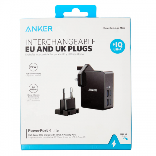 moderat Bøje Spænde Anker PowerPort Lite 27W 2.4A 4 Port USB Charger with Interchangeable UK  and EU Travel Adapter and Power IQ for iPhone 8/8 Plus/7/6s, iPad Air/Mini,  Galaxy/Note, LG etc. - 18 Months Local