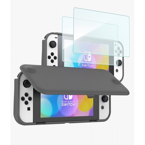 ProCase for Nintendo Switch OLED 2021 Flip Case with 2 Pack Tempered Glass Screen Protectors, Flip Case with Magnetically Detachable Front Cover for Nintendo Switch OLED -Grey