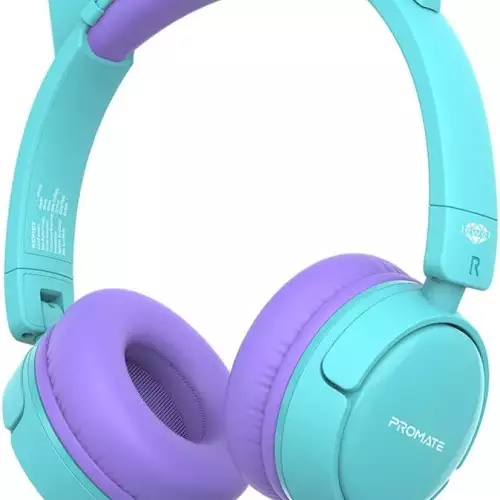 Promate Kids Headphones, On-Ear Foldable Wired Headset With Safe Volume Limited To 85dB, 3.5mm AUX Share-Port, 1.2m Tangle-Free AUX Cord, Detachable Cat Ears And Soft Earmuffs,Jewel