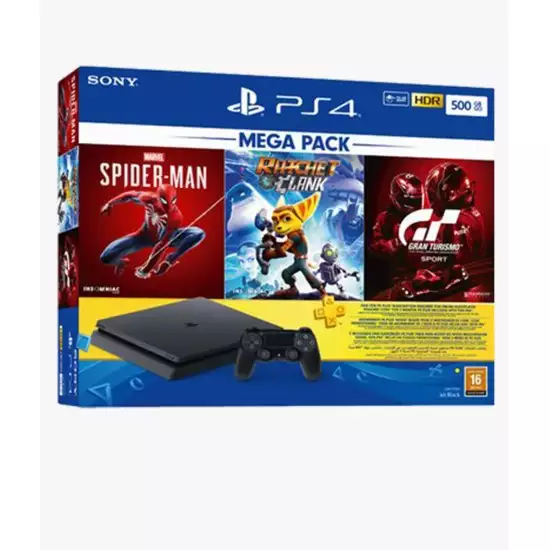 PS4 500GB Slim Bundled with Spider-Man, GT Sport, Ratchet & Clank And PSN 3Month PS4 500GB Slim Bundled with Spider-Man, GT Sport, Ratchet & Clank And PSN 3Month