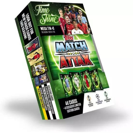 Topps Match Attax 24/25 - Mega Tin 'Time to Shine' - Tin 3 - contains 44 Match Attax cards plus 4 exclusive LE's - Erling Haaland, Arda Güler, Mathys Tel and Karim Adeyemi! Topps Match Attax 24/25 - Mega Tin 'Time to Shine' - Tin 3 - contains 44 Match Attax cards plus 4 exclusive LE's - Erling Haaland, Arda Güler, Mathys Tel and Karim Adeyemi!