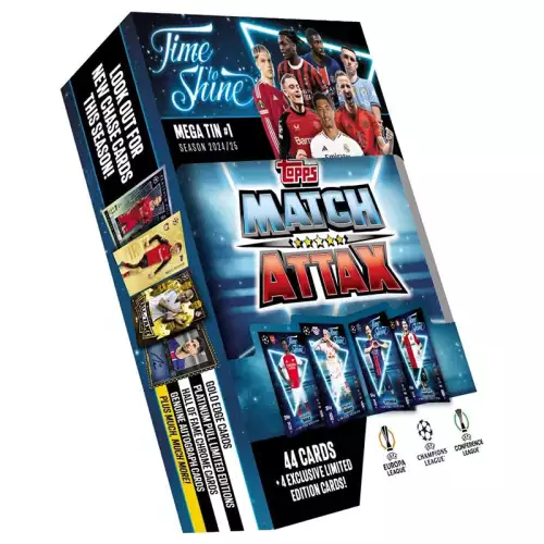 Topps Match Attax 24/25 - Mega Tin 'Time to Shine' - Tin 1 - contains 44 Match Attax cards plus 4 exclusive LE's - Bukayo Saka, Benjamin Šeško, Vitinha and Santiago Giménez!