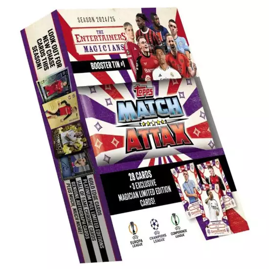 Topps Match Attax 24/25 - Booster Tin - Magicians - contains 28 Match Attax cards plus 3 exclusive 'Magician' LE's - Phil Foden, Florian Wirtz and Vini Jr! Topps Match Attax 24/25 - Booster Tin - Magicians - contains 28 Match Attax cards plus 3 exclusive 'Magician' LE's - Phil Foden, Florian Wirtz and Vini Jr!