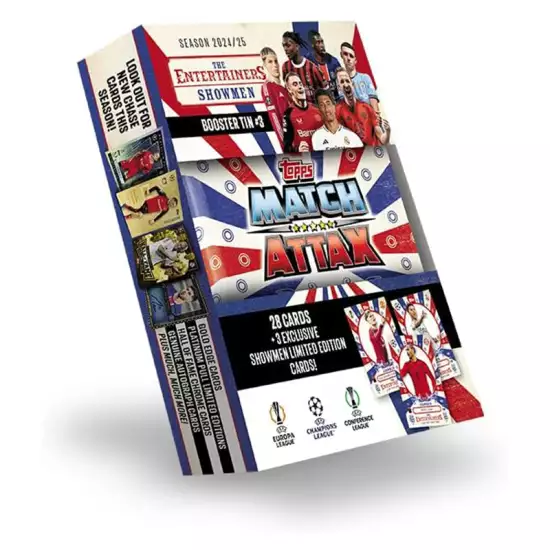Topps Match Attax 24/25 - Booster Tin - Showmen - contains 28 Match Attax cards plus 3 exclusive 'Showmen' LE's - Leroy Sane, Alejandro Garnacho and Rodrygo! Topps Match Attax 24/25 - Booster Tin - Showmen - contains 28 Match Attax cards plus 3 exclusive 'Showmen' LE's - Leroy Sane, Alejandro Garnacho and Rodrygo!