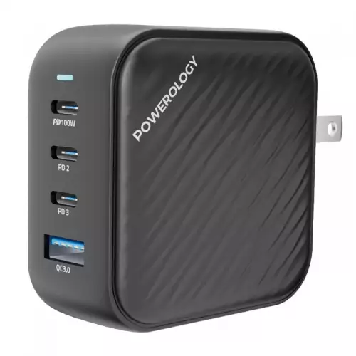 Powerology Ultra Compact 100W Triple PD GaN Charger, USB-C Laptop Travel Wall Charger Compatible with MacBook Pro, iPad, iPhone 15 Pro Max/15 Pro/14 Pro...
