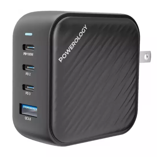 Powerology Ultra Compact 100W Triple PD GaN Charger, USB-C Laptop Travel Wall Charger Compatible with MacBook Pro, iPad, iPhone 15 Pro Max/15 Pro/14 Pro...