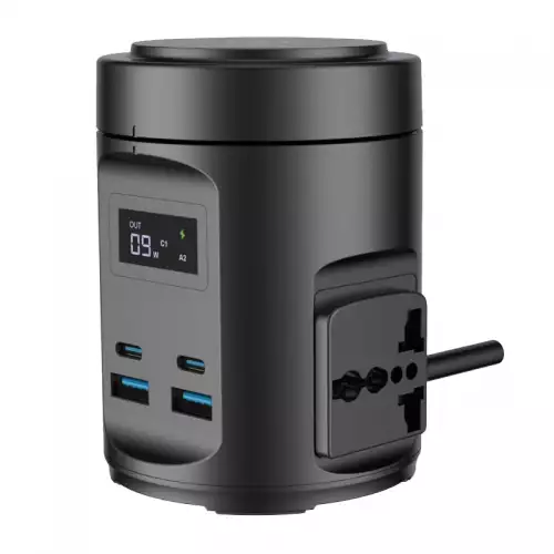 Powerology Magfit Power Hub: USB-C PD65W, USB-A QC 3.0, 15W Wireless Charging, 2200W AC Outlets, 2 Universal Sockets.