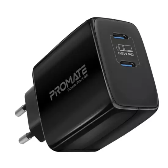 Promate 65W USB-C Power Delivery GaN Charger, Universal Powerful GaN Tech Fast Charger with 2 Type-C Port, Adaptive Charging and Over-Charging Protection for USB-C Powered Devices, POWERPORT-65.EU-BK Promate 65W USB-C Power Delivery GaN Charger, Universal Powerful GaN Tech Fast Charger with 2 Type-C Port, Adaptive Charging and Over-Charging Protection for USB-C Powered Devices, POWERPORT-65.EU-BK
