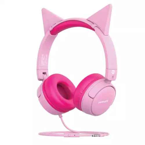 Promate Kids Headphones, HD Stereo On-Ear Wired Headset with Safe Volume Limited 85dB to 95dB, Detachable Cat Ears, AUX Share-Port, Foldable Headband and Built-In Mic for iPhone 13, Jewel