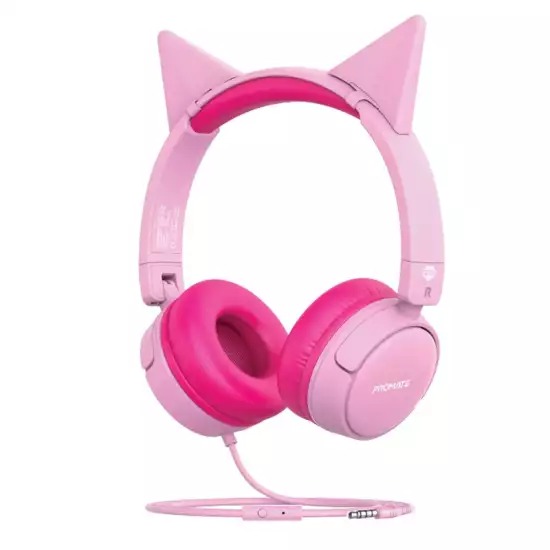 Promate Kids Headphones, HD Stereo On-Ear Wired Headset with Safe Volume Limited 85dB to 95dB, Detachable Cat Ears, AUX Share-Port, Foldable Headband and Built-In Mic for iPhone 13, Jewel