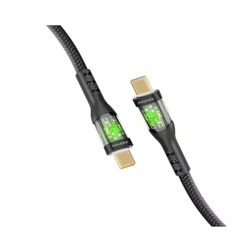 Promate USB-C™ to USB-C™ Cable, Premium 60W Power Delivery Cable with Transparent Shells, 480Mbps Data Sync and 120cm Nylon Braided Cord, TransLine-CC.Black