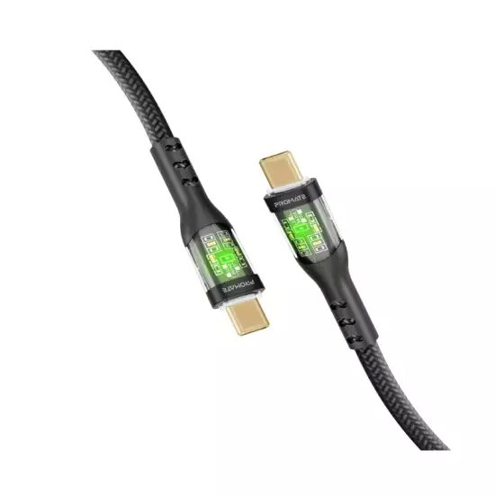 Promate USB-C™ to USB-C™ Cable, Premium 60W Power Delivery Cable with Transparent Shells, 480Mbps Data Sync and 120cm Nylon Braided Cord, TransLine-CC.Black