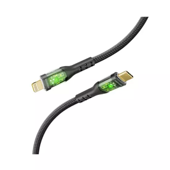 Promate USB-C to Lightning Cable, Premium 27W Power Delivery Lightning Cable with Transparent Shells, 480Mbps Data Sync and 120cm Nylon Braided Cord for iPhone 14, iPad, AirPods Pro,TransLine-Ci Black