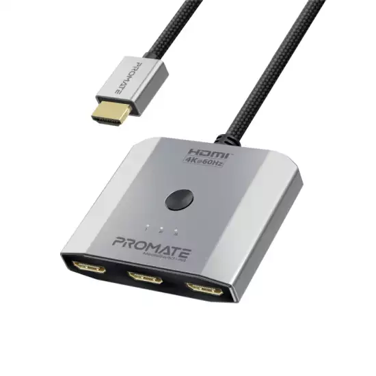 Promate HDMI Switch, 3-in-1 Ultra HD 4k 60Hz HDMI Adapter Converter with Triple HDMI Ports, Compact Design, Switch Button and 50cm Cable for MacBook Pro, MacBook Air, PS5 MediaSwitch-H3