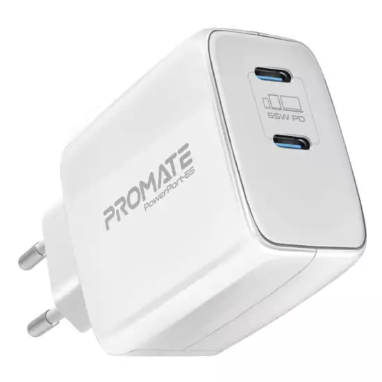 Promate 65W USB-C Power Delivery GaN Charger, Universal Powerful GaN Tech Fast Charger with 2 Type-C Port, Adaptive Charging and Over-Charging Protection for USB-C Powered Devices, POWERPORT-65.EU-WT