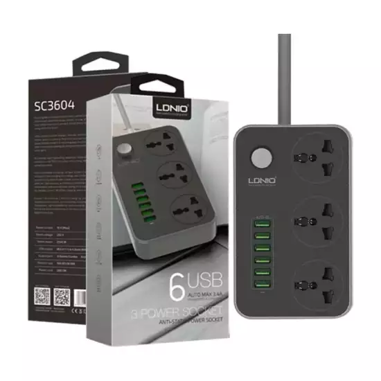 LDNIOSC3604 Power Strip with 3 Sockets & 6 USB Ports 9 Socket Extension Boards (Black, 2 m, With USB Port) LDNIOSC3604 Power Strip with 3 Sockets & 6 USB Ports 9 Socket Extension Boards (Black, 2 m, With USB Port)