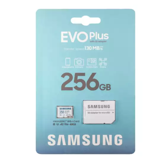 Samsung EVO PLUS microSDXC 256GB UHS-I U3 A2 V30 class 10 memory card + adapter for SD Samsung EVO PLUS microSDXC 256GB UHS-I U3 A2 V30 class 10 memory card + adapter for SD