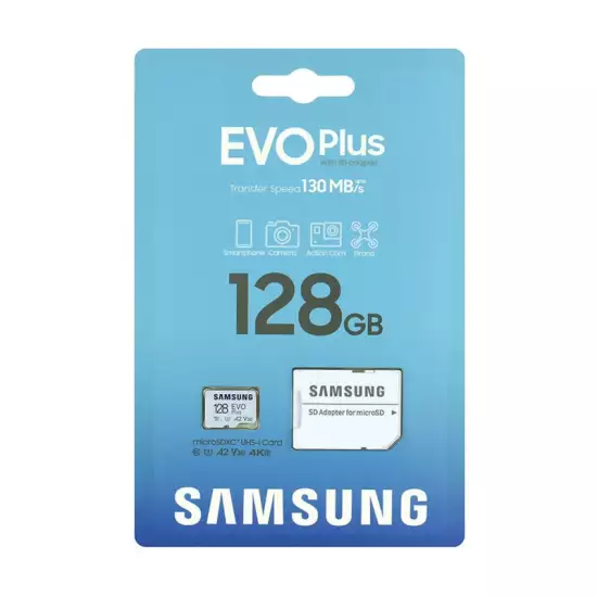Samsung EVO PLUS microSDXC 128GB UHS-I U3 A2 V30 class 10 memory card + adapter for SD Samsung EVO PLUS microSDXC 128GB UHS-I U3 A2 V30 class 10 memory card + adapter for SD