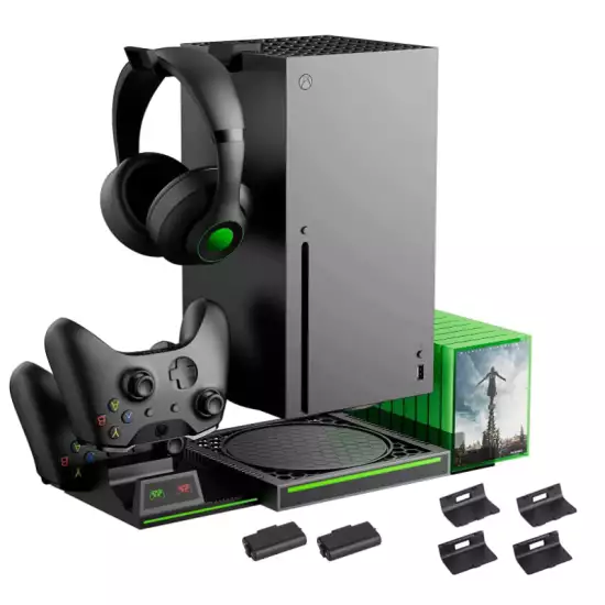 Vertical Stand Compatible with Xbox Series X Console, Dual Charging Station with 2 Rechargeable Battery for Xbox Series X Controller, with 10 Game Card Slot and Headphones Holder & 4 Cover… Vertical Stand Compatible with Xbox Series X Console, Dual Charging Station with 2 Rechargeable Battery for Xbox Series X Controller, with 10 Game Card Slot and Headphones Holder & 4 Cover…