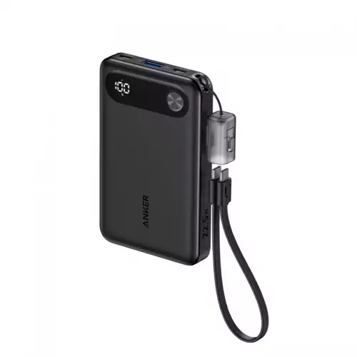 Anker Power Bank, 10,000mAh Portable Charger with Built-in USB-C Cable and Lanyard, 22.5W Max Output with 2 USB-C and 1 USB-A Port, Battery Pack for iPhone 15/14, Galaxy S23, iPad, AirPods, and More (A1257H11)