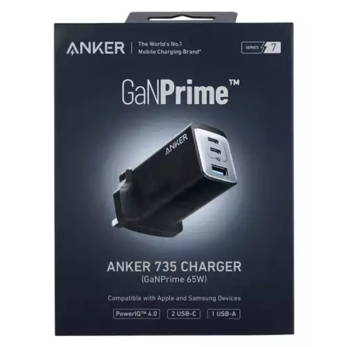 Anker 735 Charger GaNPrime 65W 3 Ports 2 USBC & 1 USB A Black 