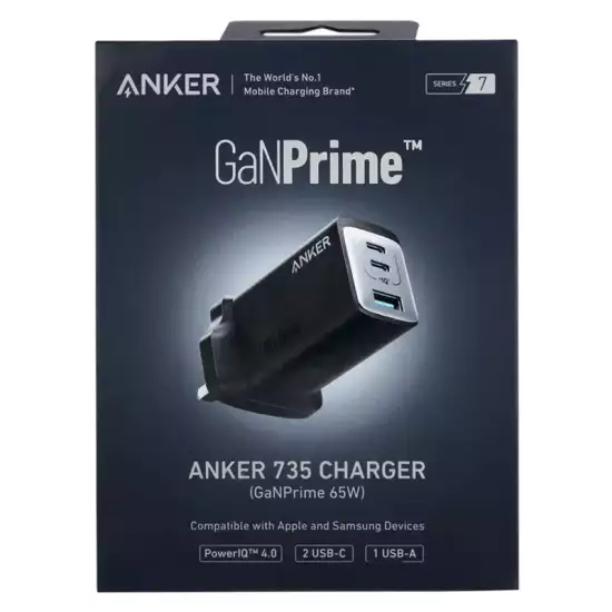 Anker 735 Charger GaNPrime 65W 3 Ports 2 USBC & 1 USB A Black Anker 735 Charger GaNPrime 65W 3 Ports 2 USBC & 1 USB A Black