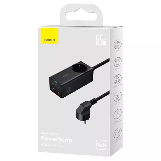 Baseus GaN3 Pro Desktop Powerstrip AC+2U+2C 65W – EU Black