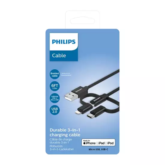 Philips 3-in-1 cable:Lightning, USB-C, Micro USB