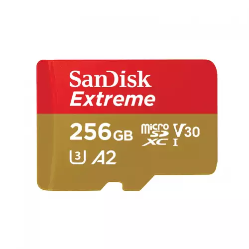 SanDisk 256GB Extreme microSD UHS I Card for 4K Video on Smartphones, Action Cams & Drones 190MB/s Read, 130MB/s Write SDSQXAV 256G GN6MN, Red/Gold