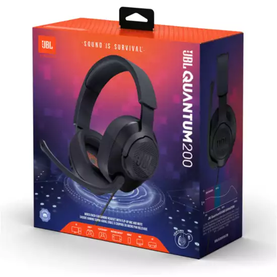JBL Quantum 200 Wired Over-Ear Gaming Headphones, Voice-Focus Flip-Up Mic, QuantumSOUND Realistic Soundstage, Lightweight Headband, Memory-Foam Ear Cushion, PC and Gaming Consoles Compatible - Black