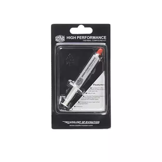 Cooler Master HTK-002-U1 thermal paste white color 0.8 W m C thermal conductivity 2.37 specific gravity nonflowing high dielectric strength Cooler Master HTK-002-U1 thermal paste white color 0.8 W m C thermal conductivity 2.37 specific gravity nonflowing high dielectric strength