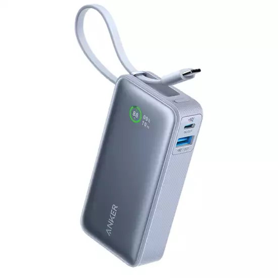 Anker Nano Power Bank, 10000mAh Battery Capacity, 30W Two-Way Fast Charging, USB Type-C & USB Type-A Interfaces, 19cm Built-In Type-C Cable, Ice Lake Blue | A1259H31