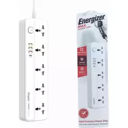 Energizer Max Power Strip 10A with Smart overload protection surge 5Output and 3 ports QC18w USB A And PD20w/2500w White