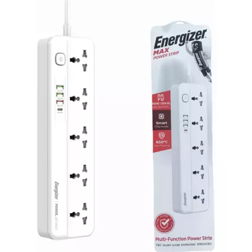 Energizer Max Power Strip 10A with Smart overload protection surge 5Output and 3 ports QC18w USB A And PD20w/2500w White