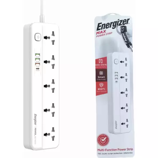 Energizer Max Power Strip 10A with Smart overload protection surge 5Output and 3 ports QC18w USB A And PD20w/2500w White