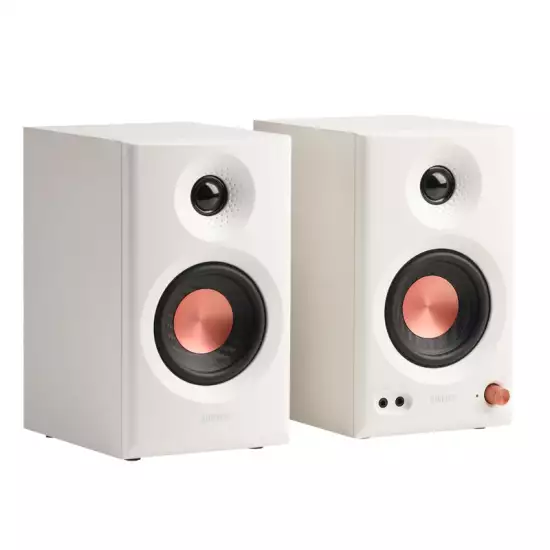 Edifier MR3 Powered Studio Monitor Speakers, Hi-Res Audio Certified Bluetooth V5.4 Active Bookshelf Loudspeakers, 2.0 Computer Speaker with Headphone Output RCA AUX Balanced TRS Input (White)