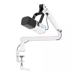 Fifine TAM8W AmpliGame XLR/USB Dynamic Microphone With BM88 LOW-PROFILE MICROPHONE ARM STAND for Podcast Recording, with RGB Light, Mute Button, Headphones Jack (White)