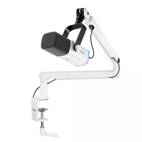 Fifine TAM8W AmpliGame XLR/USB Dynamic Microphone With BM88 LOW-PROFILE MICROPHONE ARM STAND for Podcast Recording, with RGB Light, Mute Button, Headphones Jack (White)