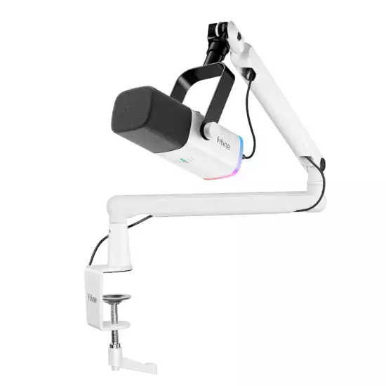 FIFINE TAM8W AmpliGame XLR/USB Dynamic Microphone With BM88 LOW-PROFILE MICROPHONE ARM STAND for Podcast Recording, with RGB Light, Mute Button, Headphones Jack (White)