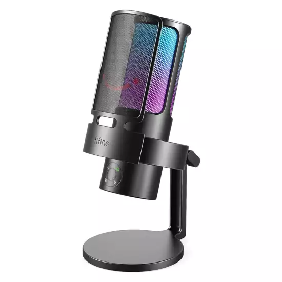 FIFINE A8 Plus AmpliGame USB Condenser Gaming Microphone, with 4 Polar Patterns for Podcast Streaming Recording YouTube, RGB Desktop Mic for PS4, Mac, with Headphone Jack Black