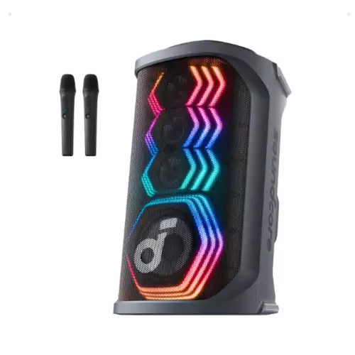 SoundCore Rave 3S AI Party Speaker with 2 Wireless Microphones, 200W Sound, AI Vocal Removal, Reverb, Light Show, 12H Playtime, Portable Bluetooth PA System for Home, Party, Black