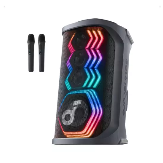 SoundCore Rave 3S AI Party Speaker with 2 Wireless Microphones, 200W Sound, AI Vocal Removal, Reverb, Light Show, 12H Playtime, Portable Bluetooth PA System for Home, Party, Black