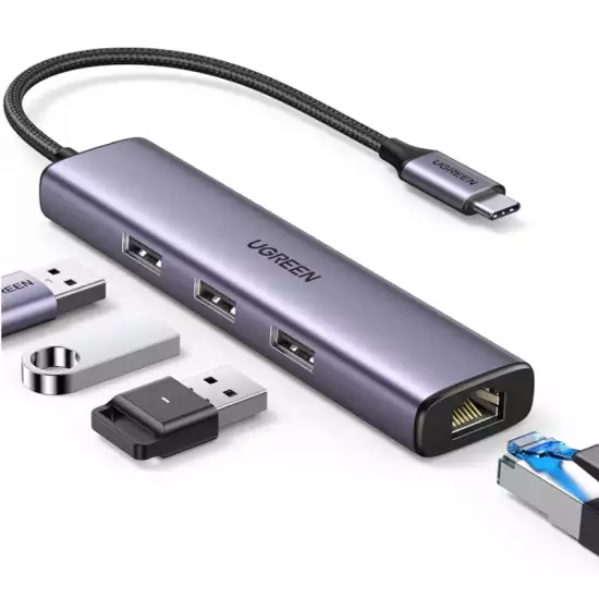 UGREEN USB C to Ethernet Adapter, 4 in 1 USB C Hub Ethernet with 3 USB 3.0 Ports/Gigabit Rj45, Plug & Play, Thunderbolt (3/4) to Network Adapter for MacBook Pro/Air, XPS, iPad Pro, iPhone - 60600