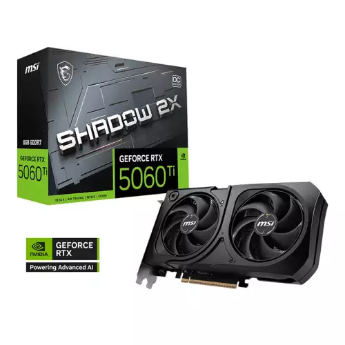 MSI GeForce RTX 5060 Ti 8GB SHADOW 2X OC PLUS Graphics Card, GDDR7 128-Bit Memory, 2602 MHz Boost Clock, 28 Gbps Memory Speed, 4608 CUDA Cores, PCI Express Gen 5 | 912-V536-023