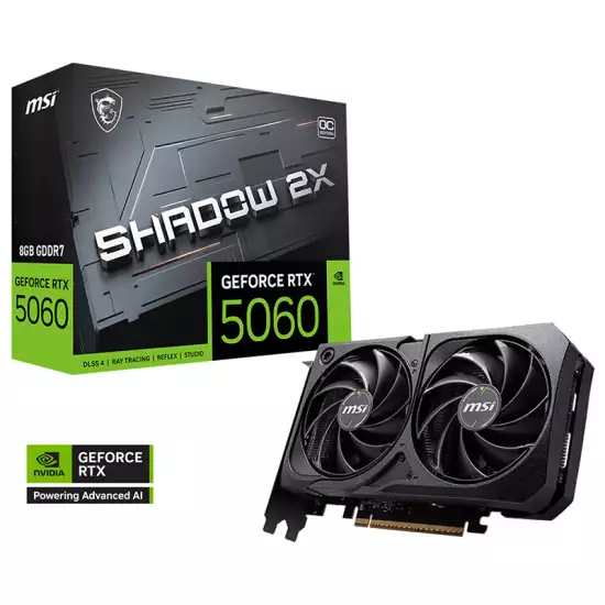 MSI GeForce RTX 5060 SHADOW 2X OC Graphics Card, 8GB GDDR7 128-Bit Memory, 2527 MHz Boost Clock, 28 Gbps Memory Speed, 3840 CUDA Cores, PCI Express Gen 5 x16 | 912-V537-019