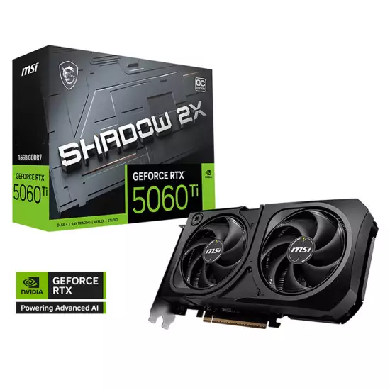 MSI GeForce RTX 5060 Ti 16GB SHADOW 2X OC PLUS Graphics Card, GDDR7 128-Bit Memory, 2602 MHz Boost Clock, 28 Gbps Memory Speed, 4608 CUDA Cores, PCI Express Gen 5 | 912-V535-029 MSI GeForce RTX 5060 Ti 16GB SHADOW 2X OC PLUS Graphics Card, GDDR7 128-Bit Memory, 2602 MHz Boost Clock, 28 Gbps Memory Speed, 4608 CUDA Cores, PCI Express Gen 5 | 912-V535-029
